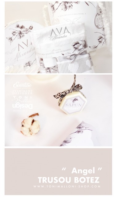 Trusou botez brodat pentru fetite cu broderie personalizata, flori bumbac si ingeri, Angels 3